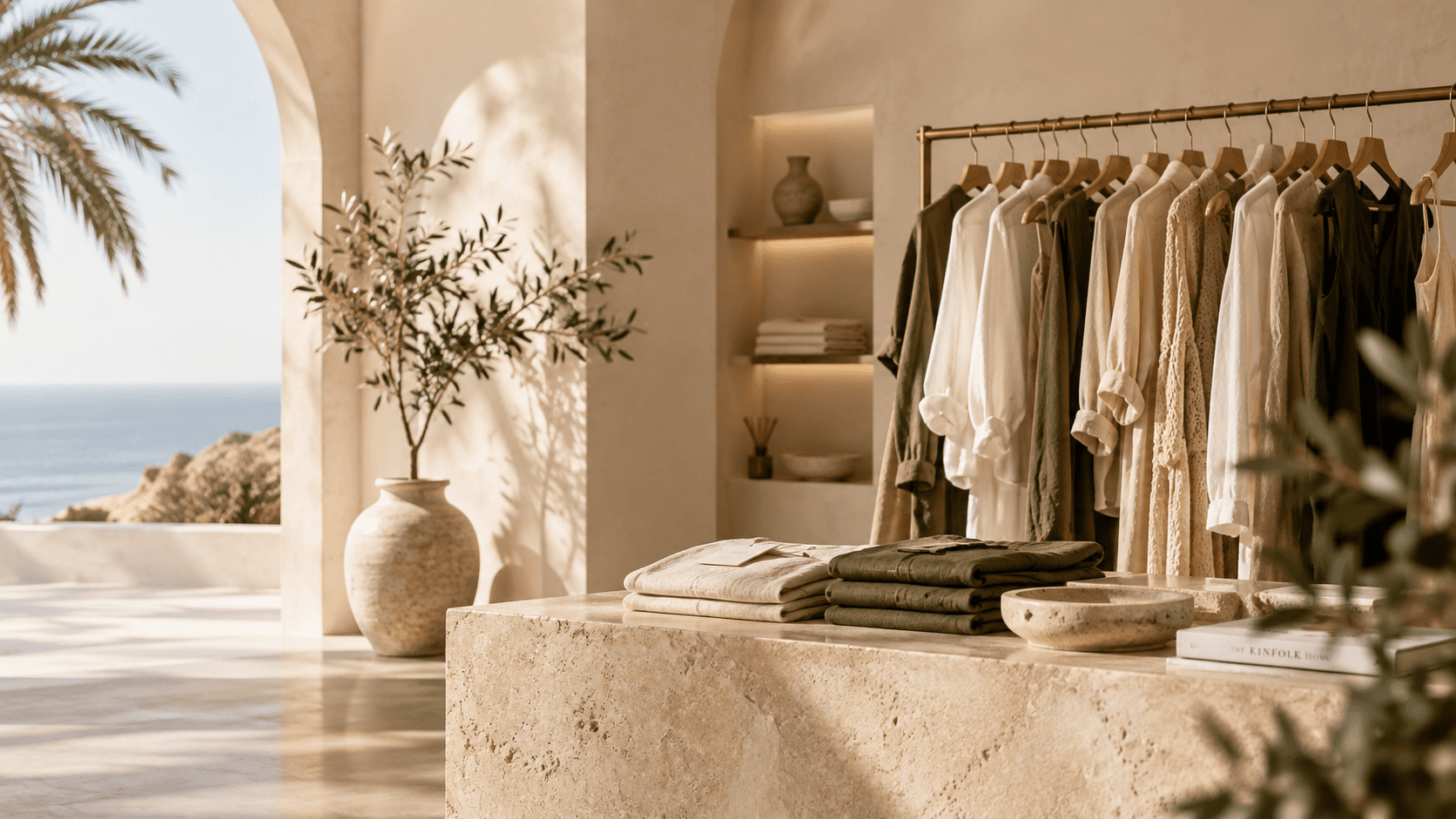 A curated resort wear collection in a sunlit boutique